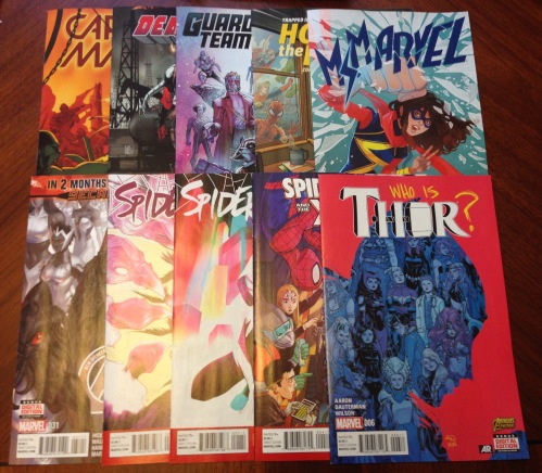 Top L-R: Captain Marvel #13, Deadpool #43, Guardians Team-Up #2, Howard the Duck #1, Ms. Marvel #13. Bottom L-R: New Avengers #31, Spider-Gwen #1-2, Spider-Man and the X-Men #4, Thor #6